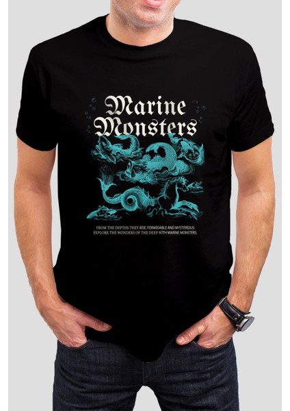 Deniz Canavarı Baskılı Siyah Unisex Tişört C182