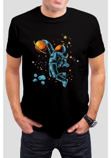 Astronot Baskılı Siyah Unisex Tişört C186
