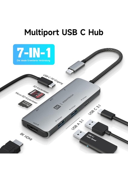 Macbook Ipad Uyumlu Alüminyum 7 in 1 Hub 8K Hdmı  10 GBPS  100 W PD ve SD/TF kart USB C 3.2