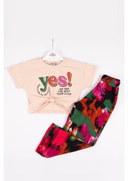 (6-9)Yes Baskılı 2 Li Yazlık Kız çocuk takım - Bej
