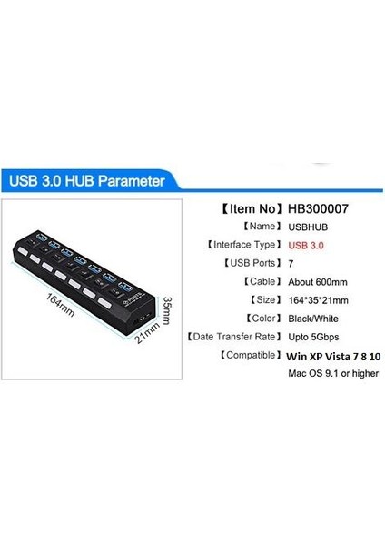 A5258 7 Port USB 3.0 2.0 Hub Anahtarlı Çoklayıcı Çoğaltıcı Switch