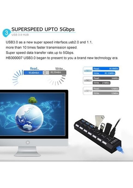 A5258 7 Port USB 3.0 2.0 Hub Anahtarlı Çoklayıcı Çoğaltıcı Switch