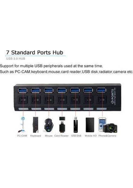 A5258 7 Port USB 3.0 2.0 Hub Anahtarlı Çoklayıcı Çoğaltıcı Switch