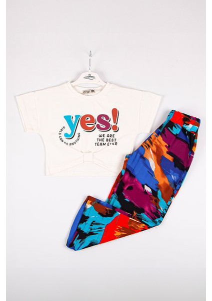 (6-9)Yes Baskılı 2 Li Yazlık Kız çocuk takım - Beyaz