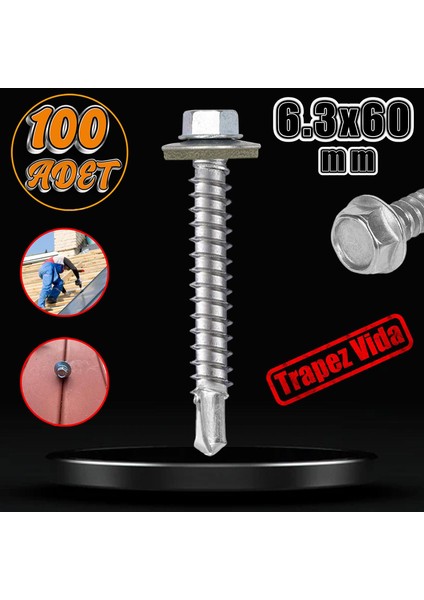 Trapez Çatı Vidası 6.3X60 mm Paket 100 Adet Matkap Uçlu Sac Akıllı Vida Çatı Panel Metal Ağaç Vidası