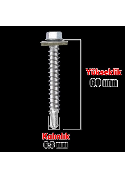 Trapez Çatı Vidası 6.3X60 mm Paket 100 Adet Matkap Uçlu Sac Akıllı Vida Çatı Panel Metal Ağaç Vidası
