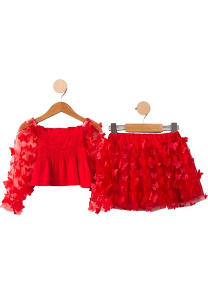 Kelebek Detaylı Gipeli Kız Çocuk takım - Kırmızı fiyatları