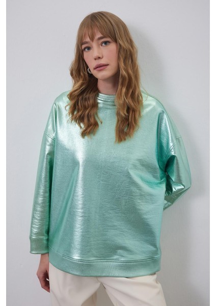 Parlak Basic Sweatshirt Hologram Yeşili