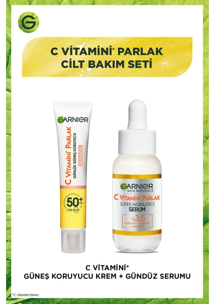 C Vitamini Parlak Aydınlatıcı Serum + Günlük Güneş Koruyucu Yüz Kremi Işıltılı Doku