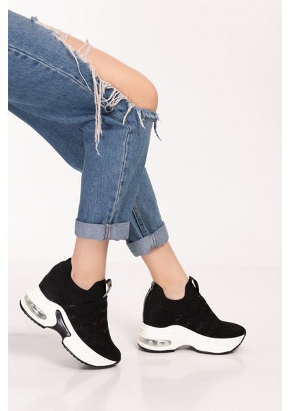 Kadın Siyah Taşlı Gizli Dolgu Topuk Sneakers