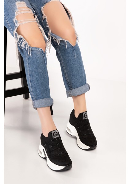 Kadın Siyah Taşlı Gizli Dolgu Topuk Sneakers