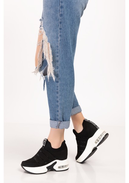 Kadın Siyah Taşlı Gizli Dolgu Topuk Sneakers