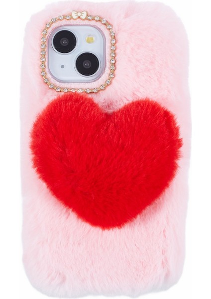 iPhone 15 Plus Fluffy Peluş + Tpu Love Heart Tasarım TeIefon Kılıfı (Yurt Dışından)