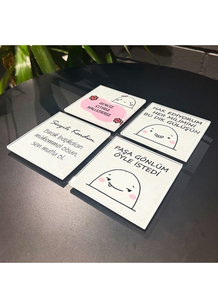 Cam Bardak Altlığı | Komik Sözler Serisi | Dik Duruş | 4'lü Takım | 10CM x 10CM