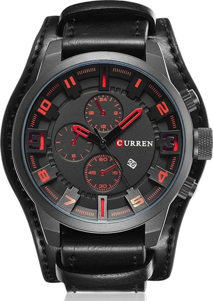 Curren M8225 Askeri Deri Quartz Erkek Kol Saati Siyah Kırmızı (Yurt Dışından)