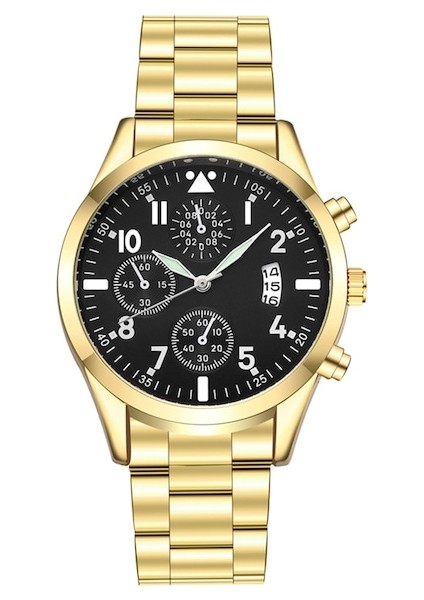 Erkek Yuvarlak Takvim Analog Kuvars Kol Saati Black + Gold (Yurt Dışından)