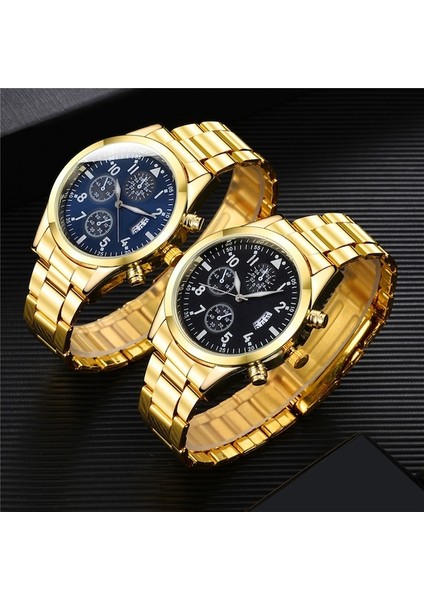 Erkek Yuvarlak Takvim Analog Kuvars Kol Saati Black + Gold (Yurt Dışından)