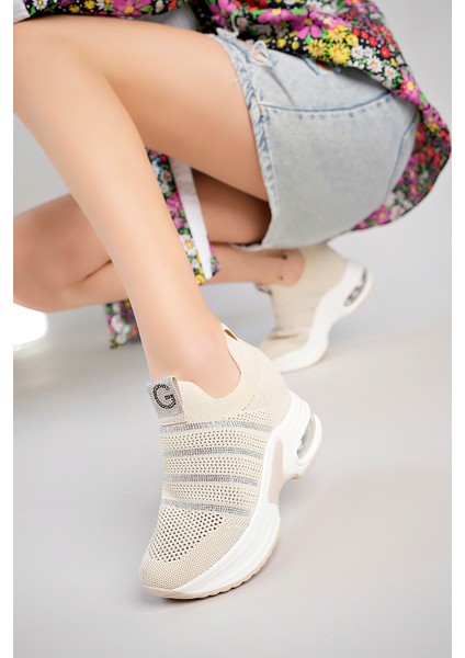 Kadın Bej Taşlı Gizli Dolgu Topuk Sneakers modelleri