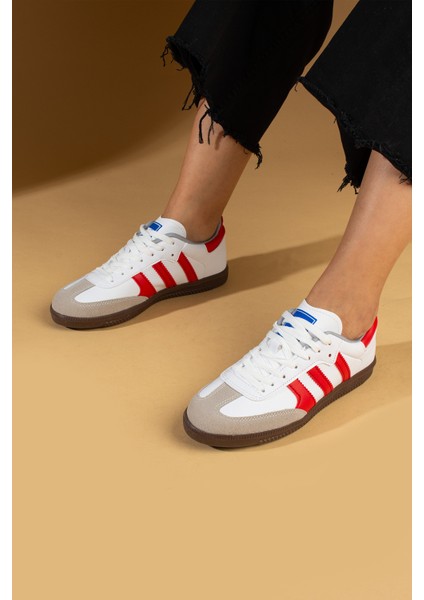 Bağcıklı Comfort Taban 3 Şeritli Kadın Sneaker 001-1009-24BEYAZKIRMIZI