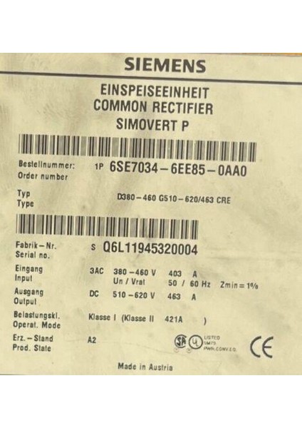 6SE7034-6EE85-0AA0 SIMOVERT Masterdrıves Infeed/regeneratıve Feedback Unıts