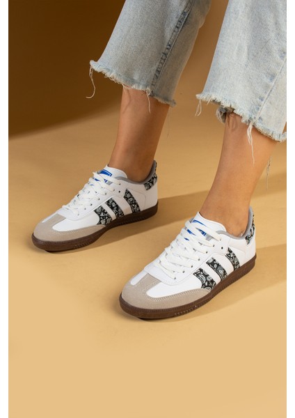 Bağcıklı Comfort Taban 3 Şeritli Kadın Sneaker 001-1009-BEYAZSIYAHŞAL