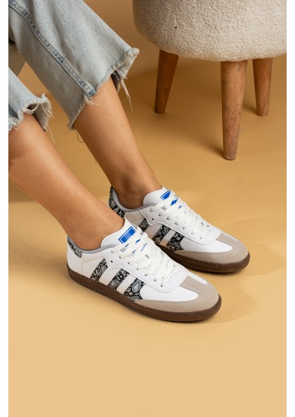 Bağcıklı Comfort Taban 3 Şeritli Kadın Sneaker 001-1009-BEYAZSIYAHŞAL fiyatları