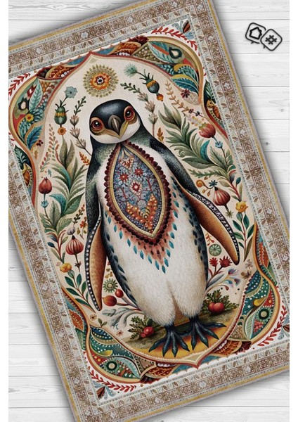 Nuh'un Gemisi Koleksiyonu Penguen Çiçek Temalı Vintage Renkli Maksimalist Halı