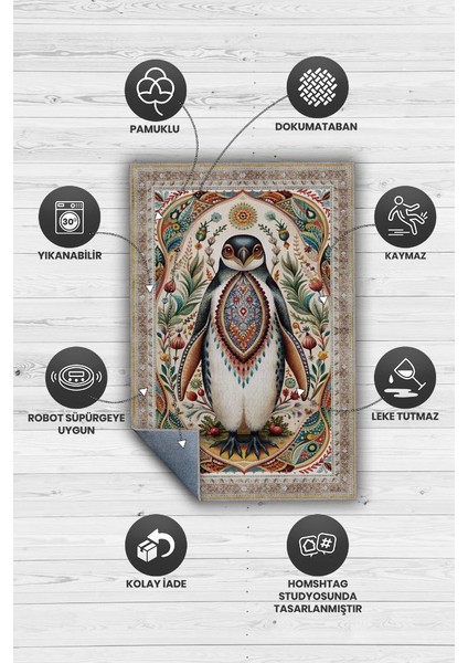 Nuh'un Gemisi Koleksiyonu Penguen Çiçek Temalı Vintage Renkli Maksimalist Halı