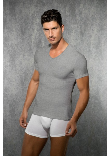 Gri Melanj Erkek Modal V Yaka Kısa Kol Tişört