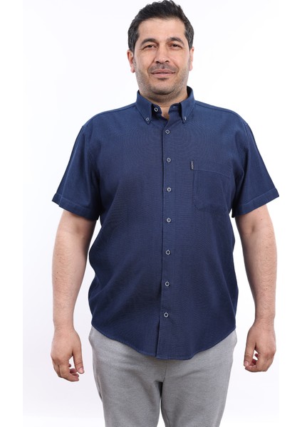 Erkek Büyük Beden Lacivert-Siyah Indigo Oxford Pamuk Düğmeli Yaka Cepli Kısa Kol Gömlek Kk-8021-Tss