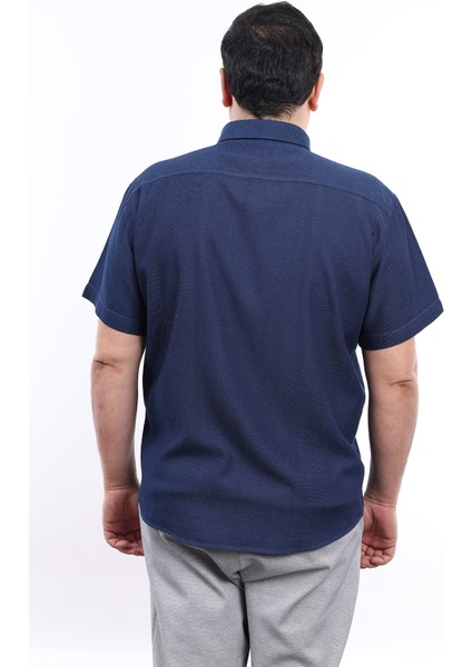 Erkek Büyük Beden Lacivert-Siyah Indigo Oxford Pamuk Düğmeli Yaka Cepli Kısa Kol Gömlek Kk-8021-Tss modelleri