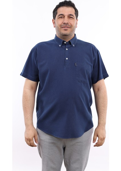Erkek Büyük Beden Yarım Patlı Lacivert Indigo Oxford Pamuk Düğmeli Yaka Cepli Kısa Kol Gömlek Kk-8033-Tss