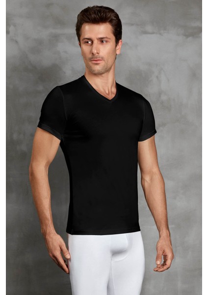 Siyah Erkek Viloft Termal V Yaka Kısa Kol Tişört