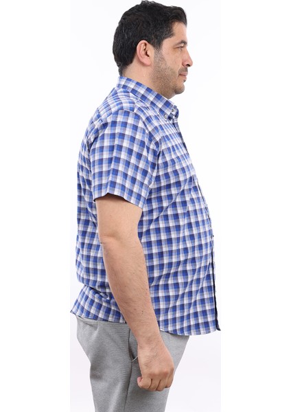 Erkek Büyük Beden Lacivert-Gri Ekose Likralı Pamuk Düğmeli Yaka Cepli Kısa Kol Gömlek Kk-8028-Tss fiyatları