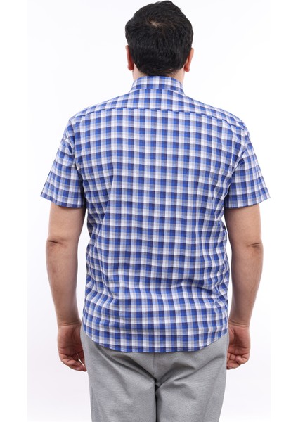 Erkek Büyük Beden Lacivert-Gri Ekose Likralı Pamuk Düğmeli Yaka Cepli Kısa Kol Gömlek Kk-8028-Tss modelleri