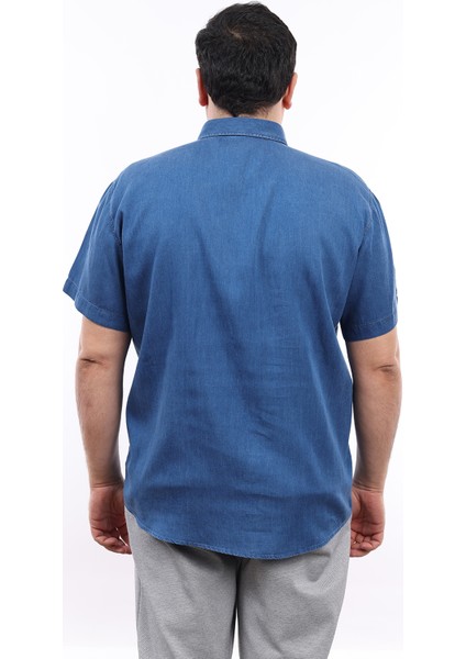 Erkek Büyük Beden Yarım Patlı Mavi Tencel Pamuk Düğmeli Yaka Cepli Kısa Kol Gömlek Kk-8032-Tss modelleri
