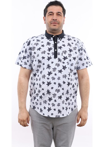 Erkek Büyük Beden Yarım Patlı Yaprak Desenli Açık Mavi Pamuk Düğmeli Yaka Cepli Kısa Kol Gömlek Kk-8037-Tss