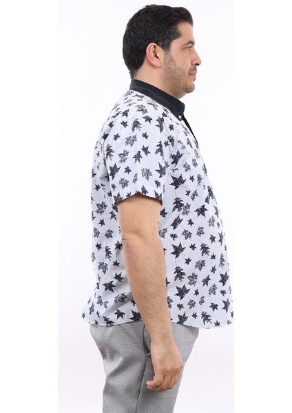 Erkek Büyük Beden Yarım Patlı Yaprak Desenli Açık Mavi Pamuk Düğmeli Yaka Cepli Kısa Kol Gömlek Kk-8037-Tss fiyatları