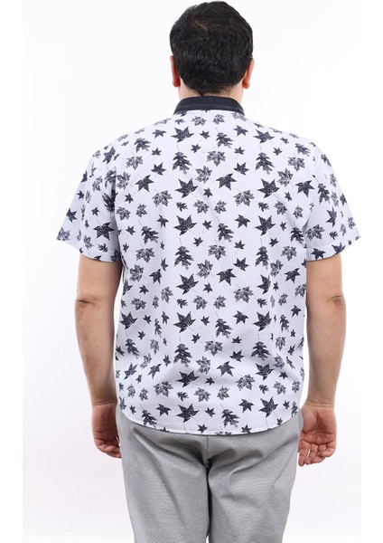 Erkek Büyük Beden Yarım Patlı Yaprak Desenli Açık Mavi Pamuk Düğmeli Yaka Cepli Kısa Kol Gömlek Kk-8037-Tss modelleri