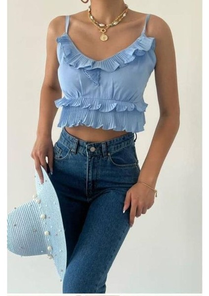 Kadın Bebe Mavi Askılı Fırfırlı Sırt Gipeli Crop Bluz