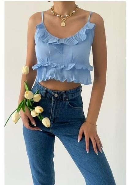 Kadın Bebe Mavi Askılı Fırfırlı Sırt Gipeli Crop Bluz modelleri