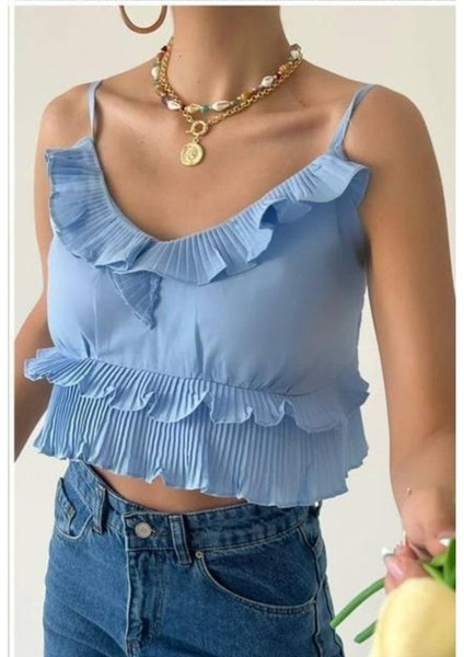 Kadın Bebe Mavi Askılı Fırfırlı Sırt Gipeli Crop Bluz fırsatları