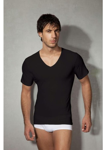 Siyah Erkek Pamuklu V Yaka Kısa Kol Tişört