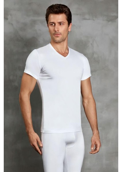Ekru Erkek Viloft Termal V Yaka Kısa Kol Tişört