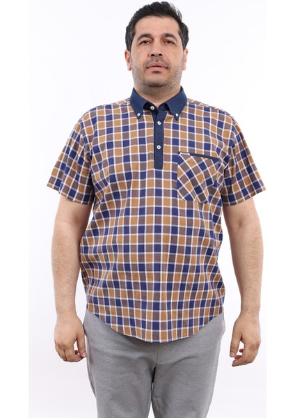 Erkek Büyük Beden Yarım Patlı Lacivert-Kahverengi Ekose Likralı Pamuk Düğmeli Yaka Cepli Kısa Kol Gömlek Kk-8039-Tss