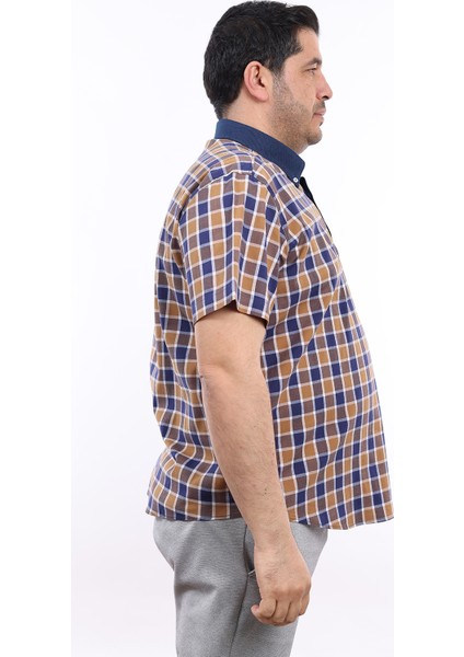 Erkek Büyük Beden Yarım Patlı Lacivert-Kahverengi Ekose Likralı Pamuk Düğmeli Yaka Cepli Kısa Kol Gömlek Kk-8039-Tss fiyatları