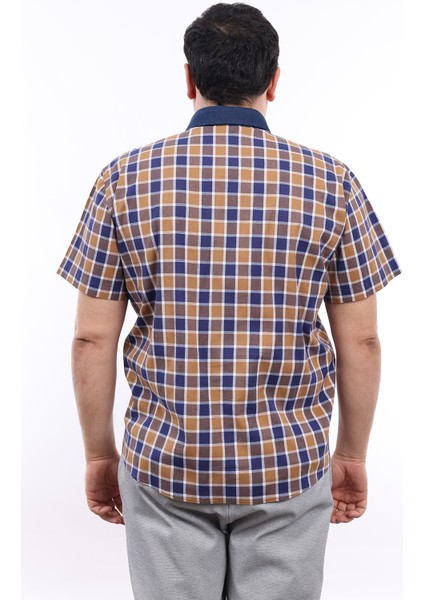 Erkek Büyük Beden Yarım Patlı Lacivert-Kahverengi Ekose Likralı Pamuk Düğmeli Yaka Cepli Kısa Kol Gömlek Kk-8039-Tss modelleri