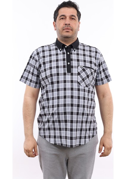 Erkek Büyük Beden Yarım Patlı Siyah-Gri Ekose Likralı Pamuk Düğmeli Yaka Cepli Kısa Kol Gömlek Kk-8041-Tss