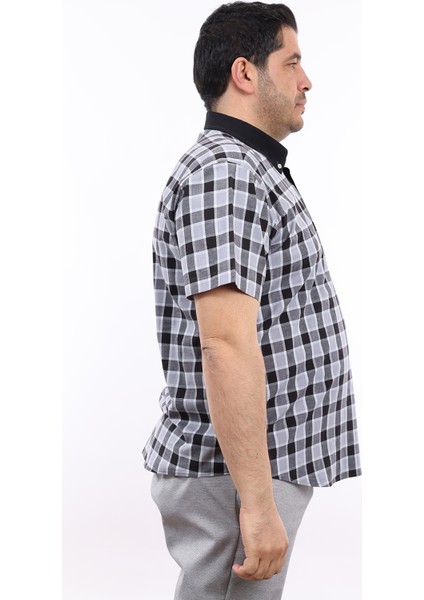 Erkek Büyük Beden Yarım Patlı Siyah-Gri Ekose Likralı Pamuk Düğmeli Yaka Cepli Kısa Kol Gömlek Kk-8041-Tss fiyatları