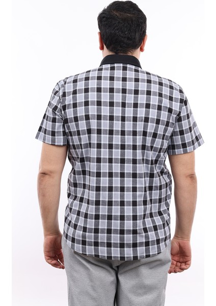 Erkek Büyük Beden Yarım Patlı Siyah-Gri Ekose Likralı Pamuk Düğmeli Yaka Cepli Kısa Kol Gömlek Kk-8041-Tss modelleri
